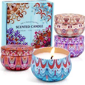 Soy Aromatherapy Tin Candles Gift Set 4 Piece Linen, Cinnamon & Apple, Lavender